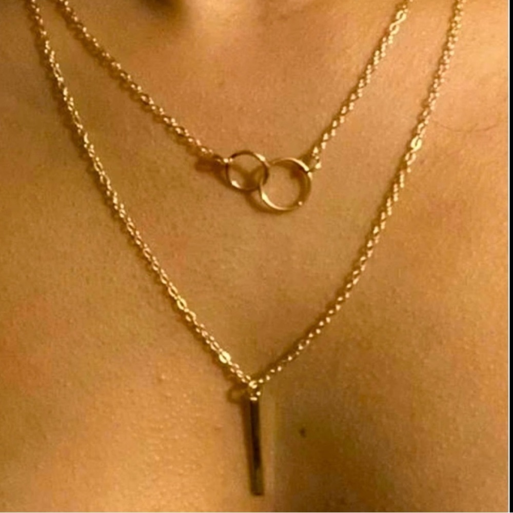 Anthropologie Minimalist Gold Layered Connecting Hoops and Bar Necklace - Picture 3 of 3
